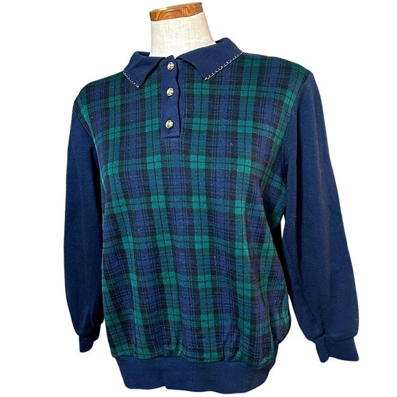 Vintage Cricket Lane Plaid Polo Sweater M 80s Blackwatch Preppy Gold Buttons - Picture 1 of 10